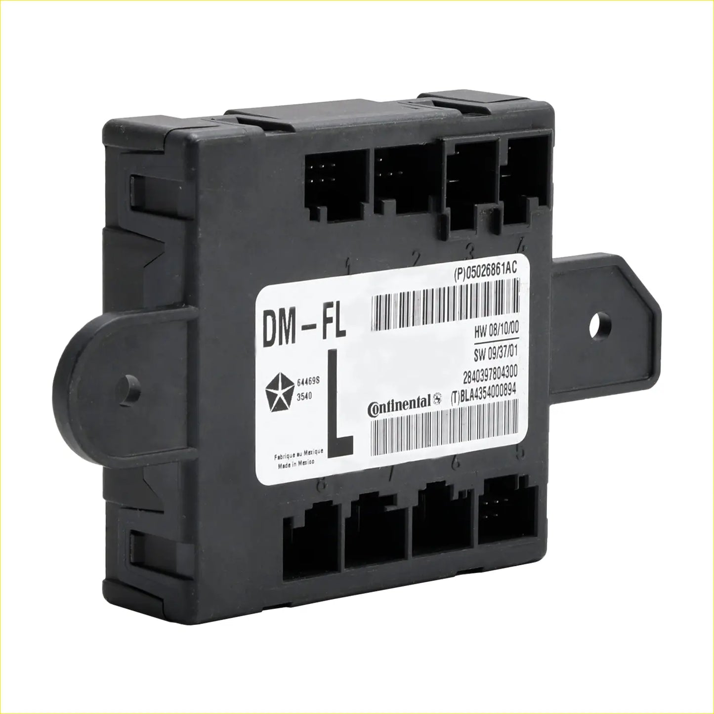 Black plastic front left driver door module with continental label and barcodes for dodge chrysler 2007-2020