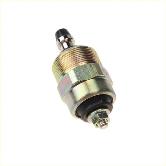 Metallic gold and silver 12v stop solenoid with black rubber seal and threaded connections for nissan patrol and navara