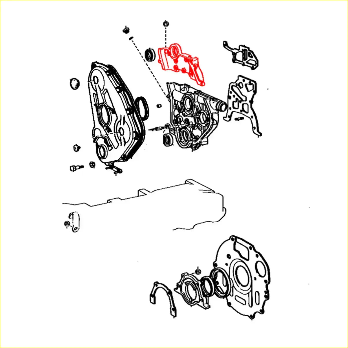 Red plastic engine cover shown from the back for 2446cc oil seal retainer on toyota hilux ln50 ln56 ln65 1983-1988