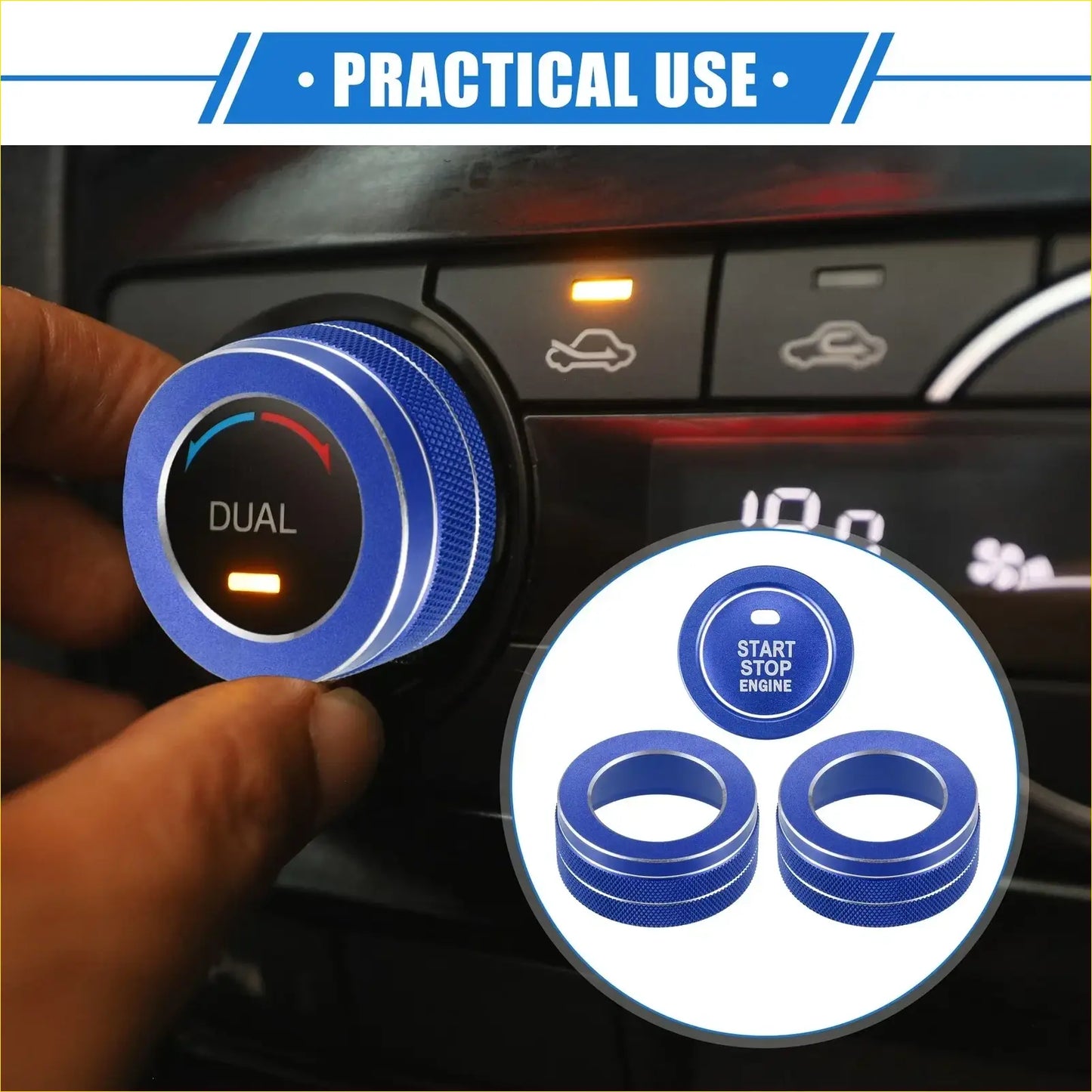Blue metallic ac climate control knob cover with textured grip and dual label for toyota rav4 2019-2023