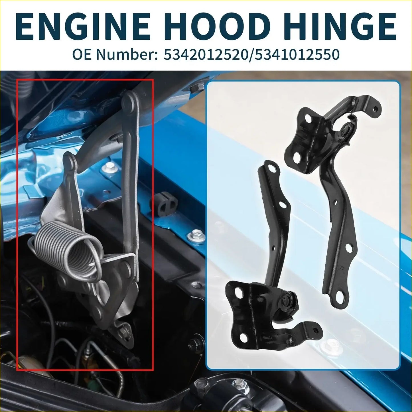 Black metal bonnet hinge with coiled spring installed and standalone for Toyota Matrix 2009-2014 front bonnet bracket