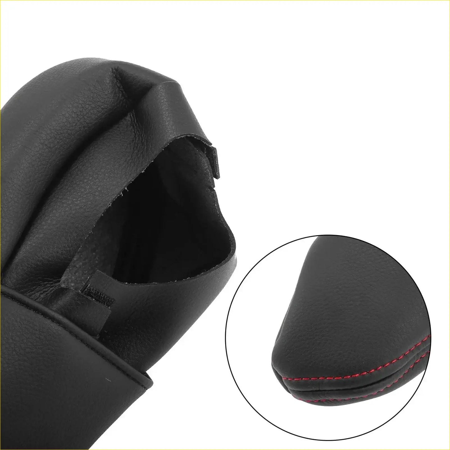 Black leather car phone holder with red stitching detail attached to toyota sienna front seat armrest cover