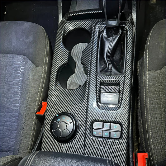 Carbon fiber interior console gear shift panel trim cover with integrated cup holders for ford center console