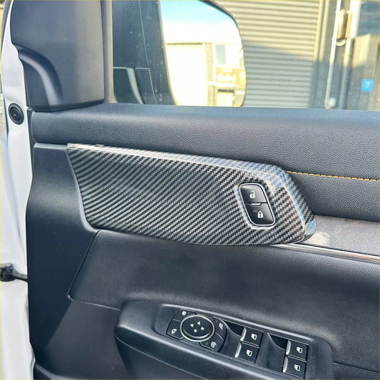Carbon fiber interior front door panel trim cover for ford ranger with textured finish and integrated window control buttons