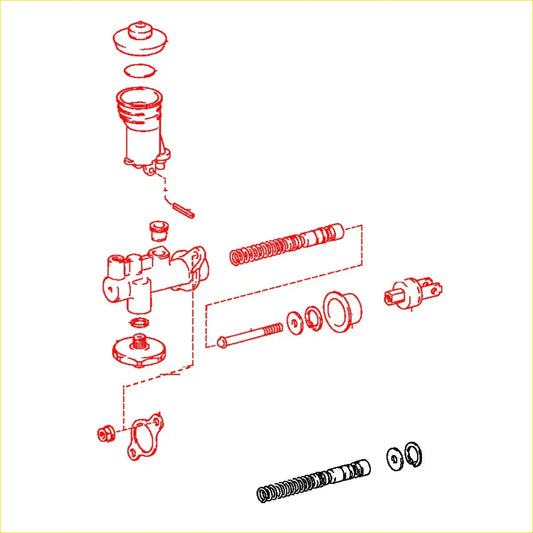 Red line drawing of a hydraulic valve assembly exploded view for clutch master cylinder toyota hilux 1978-1983
