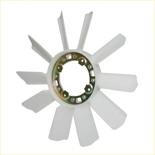 White plastic cooling fan blade with metallic hub for toyota hilux 1997-2005 showing the back side