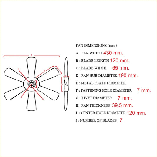 A technical diagram showing dimensions of a seven-blade cooling fan blade for toyota hilux surf 4runner 1991-1995