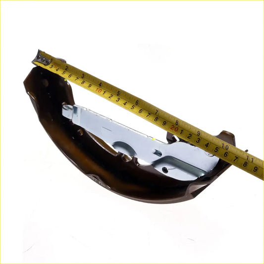 Brown metallic front brake shoe with silver bracket and measurement tape for toyota hilux 2wd 2008-2016