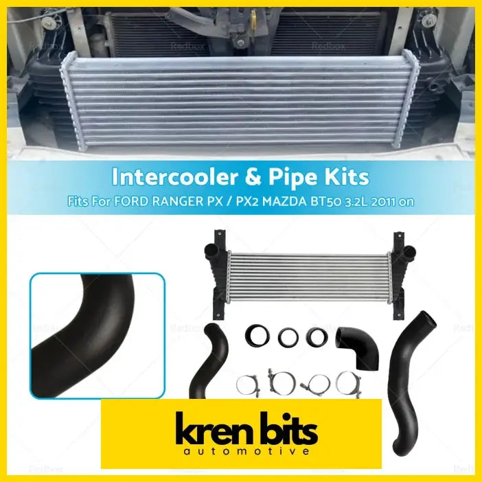 Silver aluminum front mount intercooler kit with black plastic fittings and hoses for ford ranger px px2 mazda bt50 3.2l