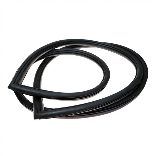 Black rubber front windshield weatherstrip seal for Toyota Hilux RN10 1968-1972 shown from the back side