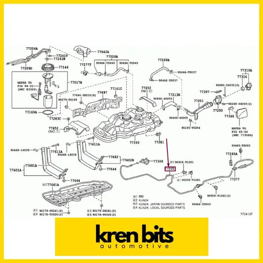 Exploded view schematic from kren bits showing numbered parts of fuel filler door flap release cable for toyota hilux kun16