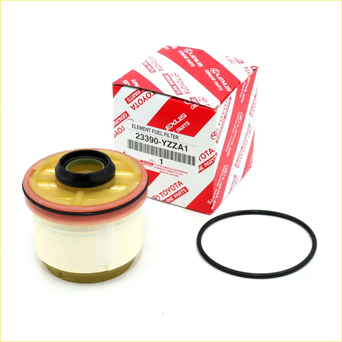 Fuel filter for toyota hilux sr 2004-2016 with yellow black top white body and red sealing ring genuine part