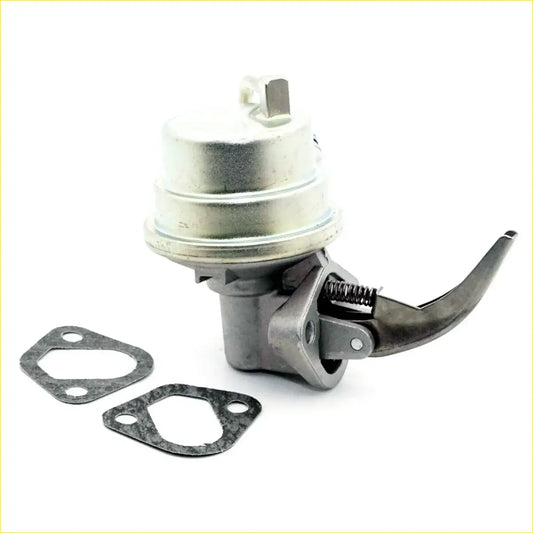 Silver metallic fuel pump assembly with curved lever and spring plus two black gaskets for toyota hilux 4d 1984-1988
