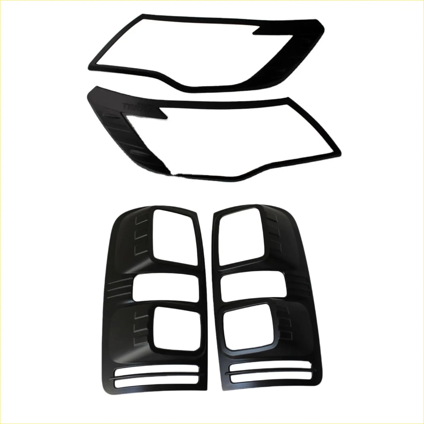 Black plastic matte headlight and taillight covers for holden colorado 2012-2016 displayed from back side