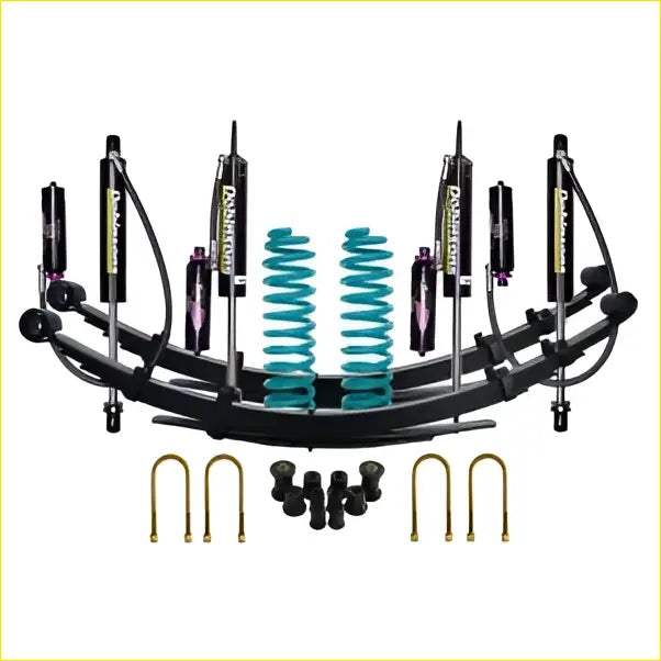 Black and teal coilover suspension kit with shock absorbers springs and mounting hardware for toyota landcruiser 78 series