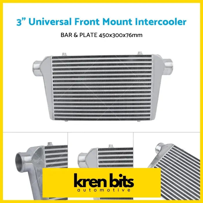 Silver 3 inch universal aluminum turbo intercooler with bar plate design measuring 450x300x76mm