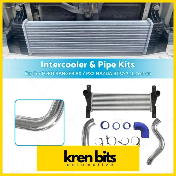 Silver aluminum intercooler with black brackets and chrome pipes for ford ranger px px2 and mazda bt50 3.2l performance kit