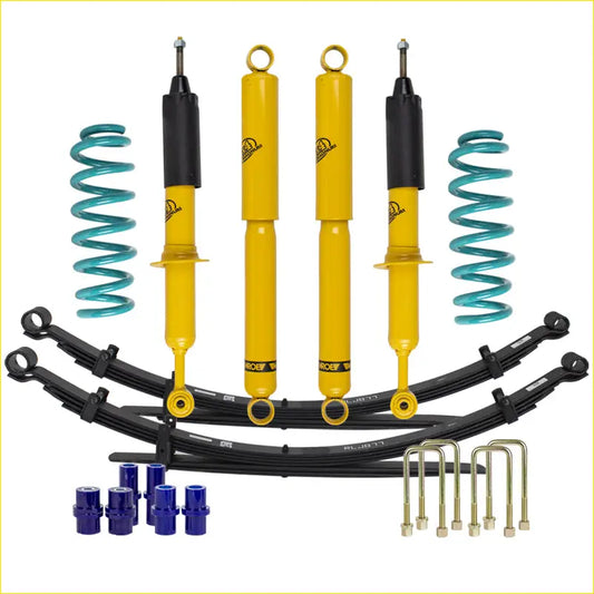Yellow and black monroe shocks with teal coil springs in lift junkie 2 inch lift kit for holden colorado rg