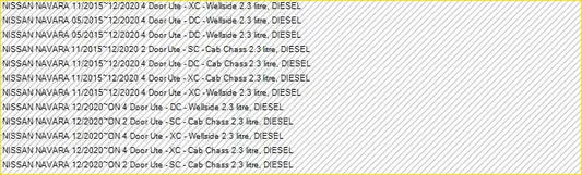 Yellow-bordered list showing nissan navara models and specs for lift junkie 2 inch lift kit with raw 4x4 struts