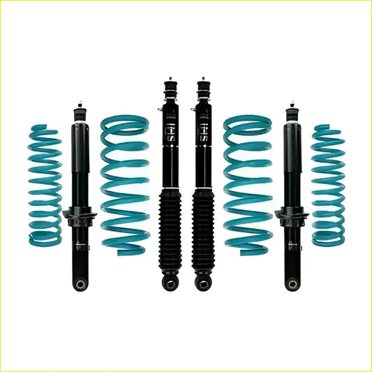 Set of four black dobinsons ims monotube shock absorbers with teal coils for mitsubishi challenger 2008 to 2015