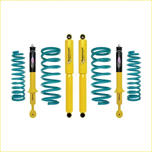Yellow and teal coilover suspension kit with black shock absorber tops for mitsubishi pajero sport dobinsons twin tube nitro