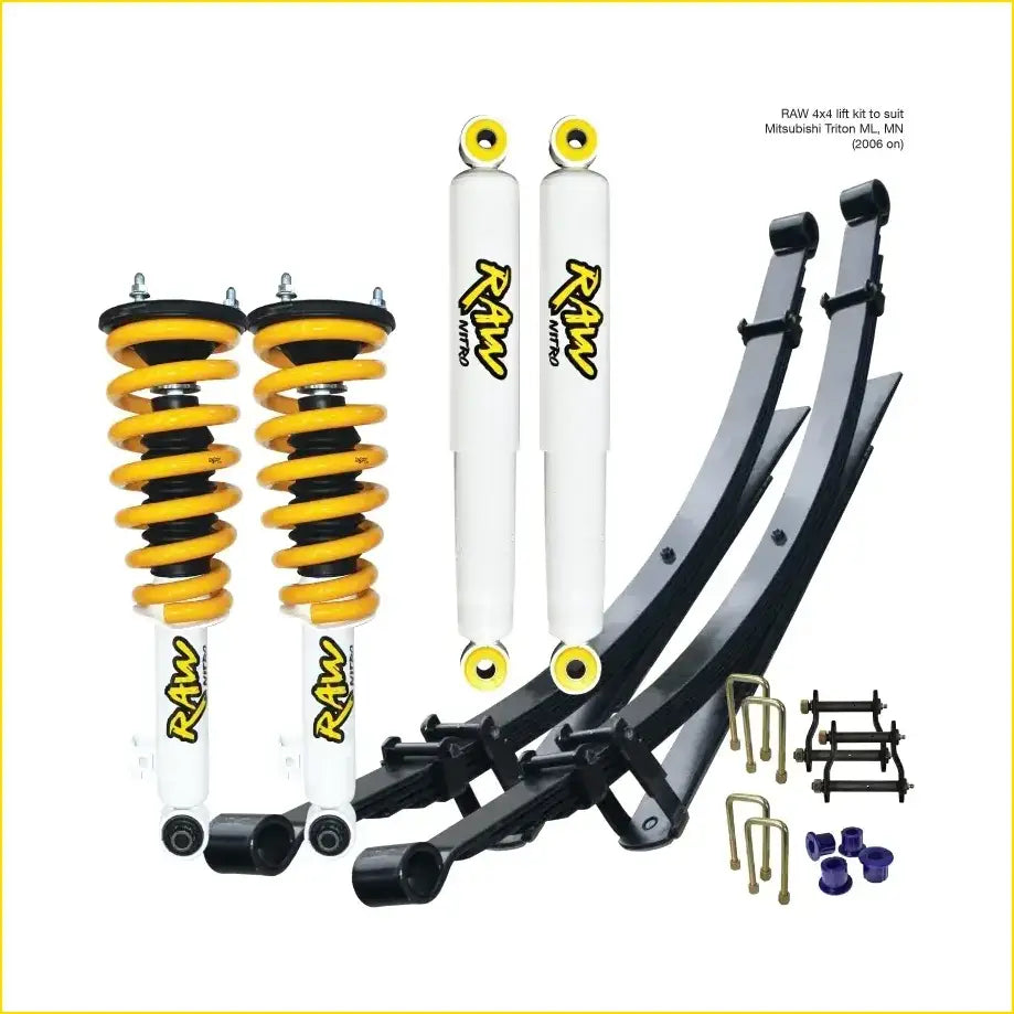 Raw Nitro lift kit for Mitsubishi Triton L200 1999-2006 with yellow coil springs and white shocks with black caps