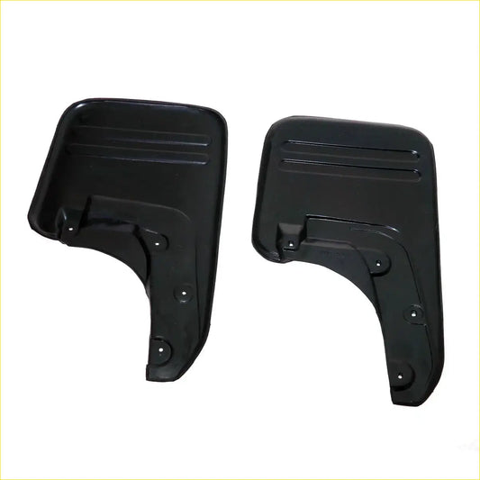Black plastic mud flaps with molded ridges and mounting holes for Toyota Hilux SR5 4WD 2005-2015 back side view