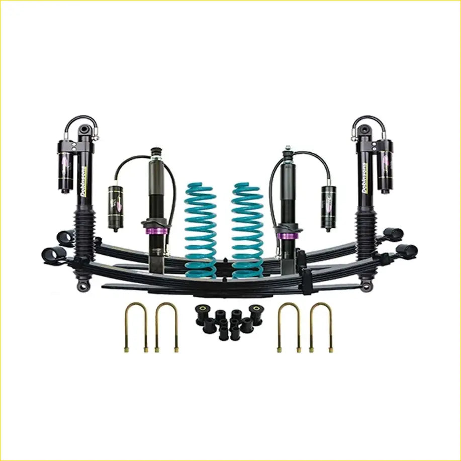 Black and teal coilover suspension kit with purple accents for Nissan Navara D23 NP300 2015 onwards Dobinsons monotube remote