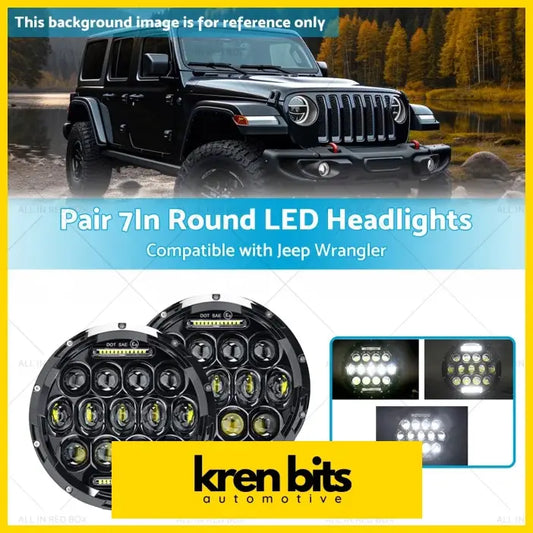 Pair 7in round black led headlights with bright white lights and yellow accents for jeep wrangler hi lo drl beam use