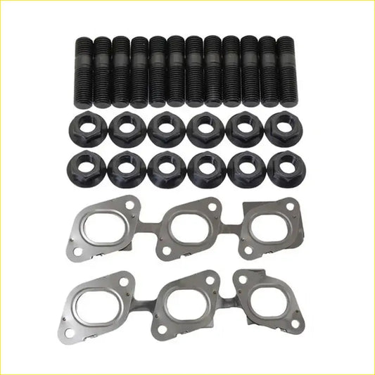 Set of black coated engine head bolts nuts and metallic exhaust manifold gaskets from permaseal for nissan installation