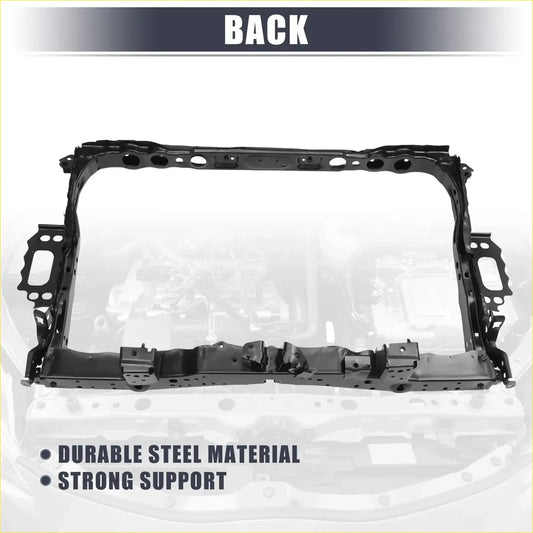 Backside of black steel radiator support bracket for toyota prius 2010-2012 with reinforced structure and mounting holes