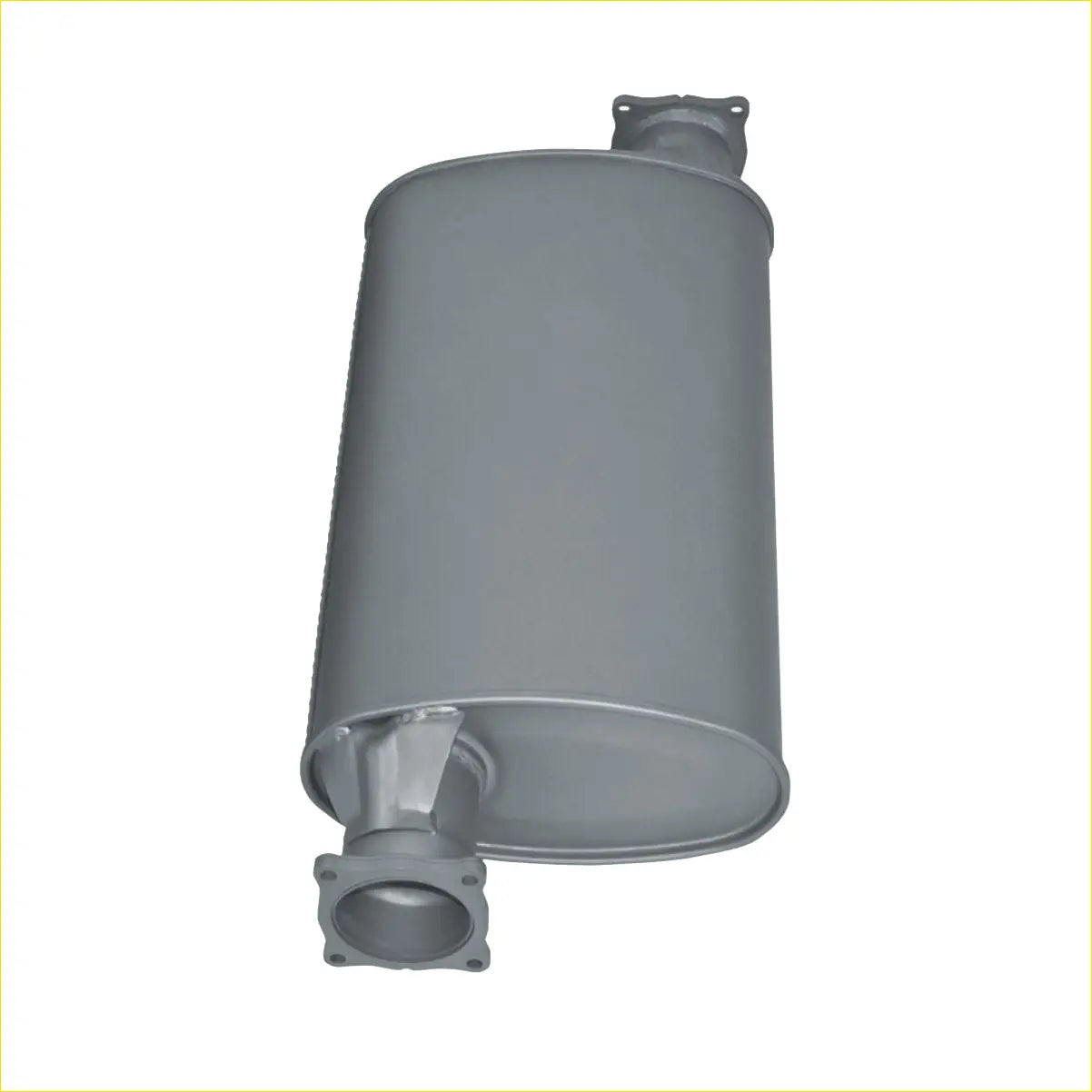 Gray metallic redback extreme duty exhaust muffler with flanged ends for ford raptor 2.0l bi turbo back side view