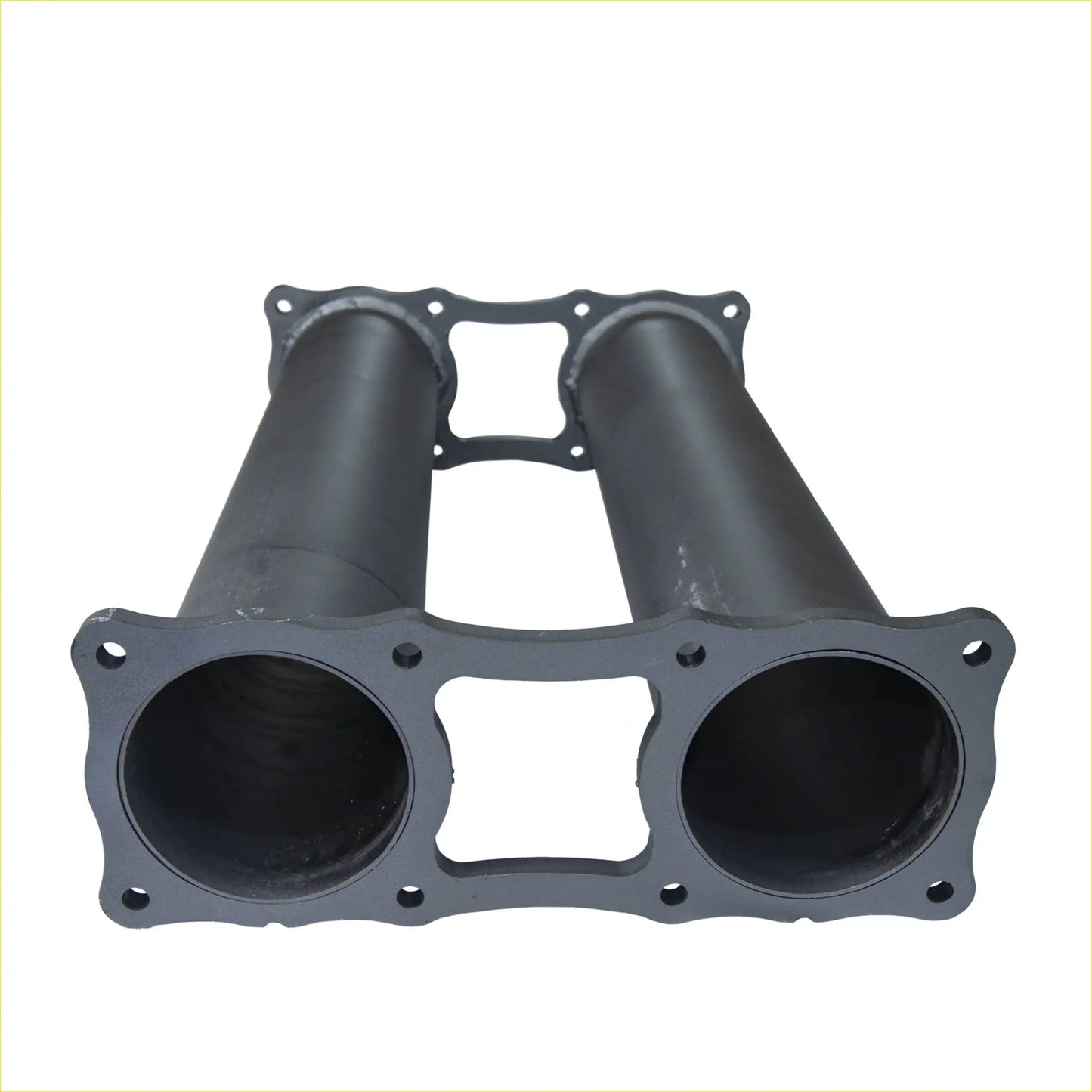 Black dual-exhaust manifold with flanged ends and mounting holes shown from back in redback extreme duty twin turbo exhaust