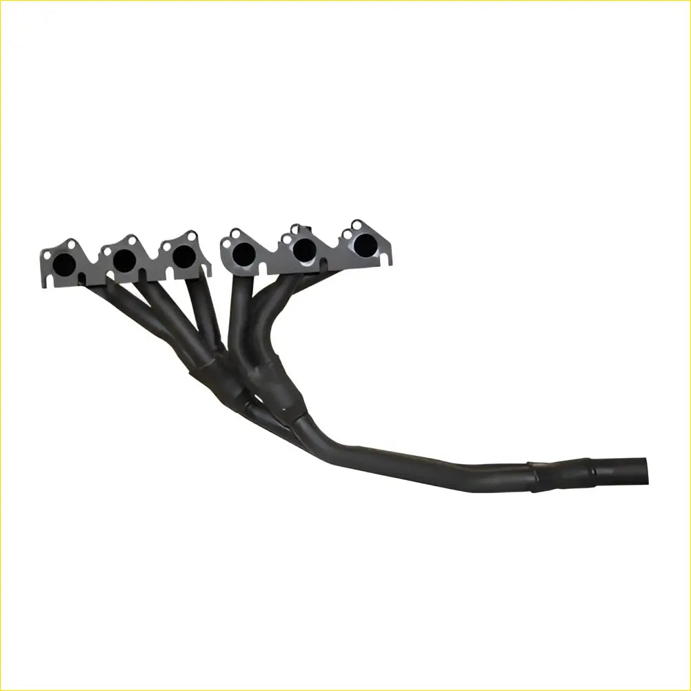 Black aftermarket exhaust manifold with four ports and smooth curves for ford falcon 01 to 82 from redback headers