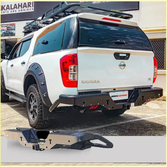 Back view of black and tan rockarmor elite steel rear bumper with integrated tow hooks for nissan navara np300 d23