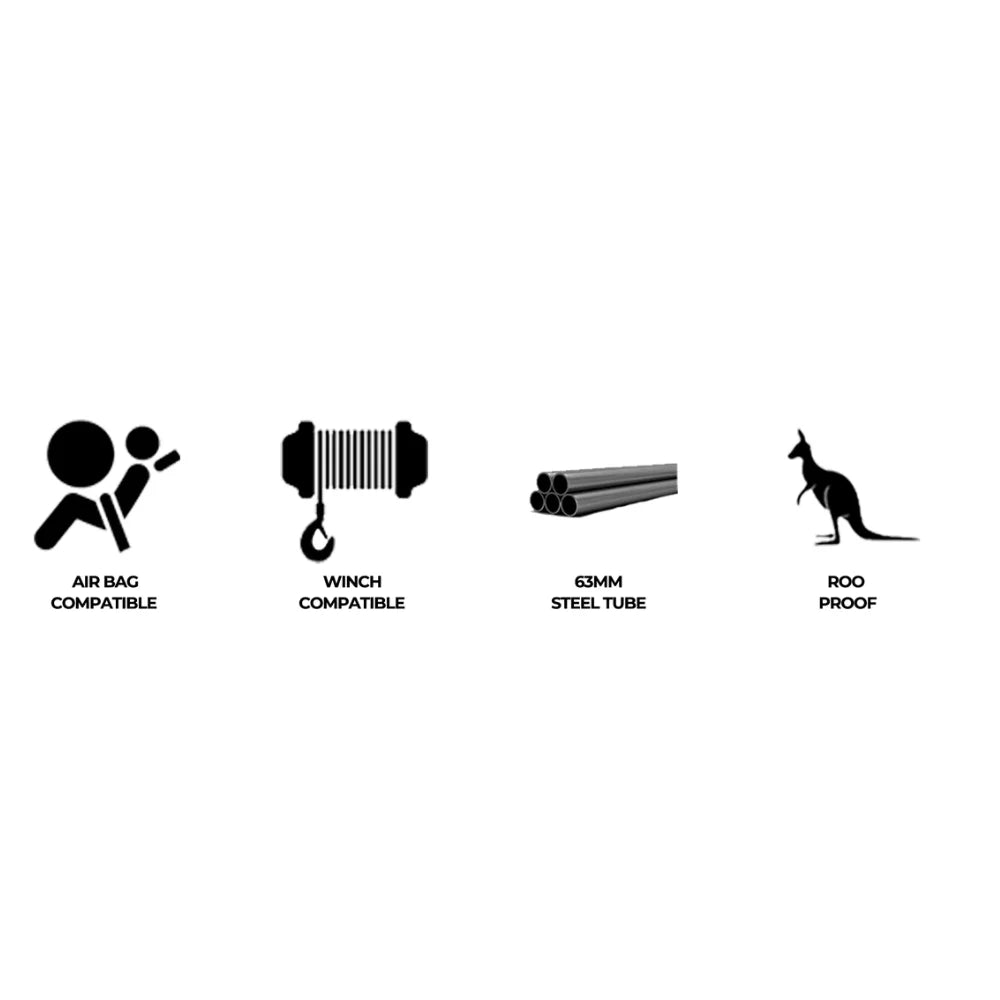 Icons illustrating product features of Rockarmor Elite Bullbar with synthetic winch rope