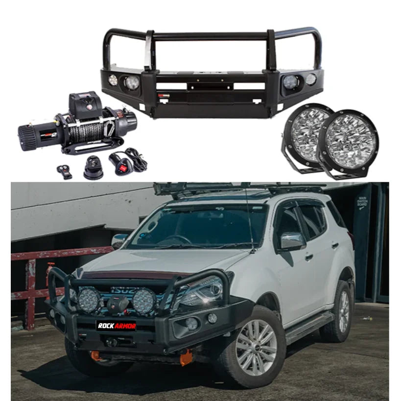 Automotive off-road accessories featuring Rockarmor Elite Bullbar with synthetic winch rope for Isuzu Mu-X