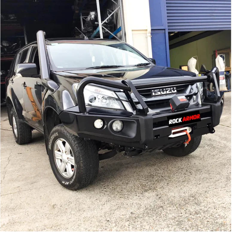 Black Isuzu SUV with Rockarmor Elite Hoop Bullbar and aftermarket bumper