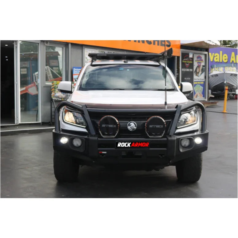 White pickup truck with black steel bullbar from the Rockarmor Elite Steel Bullbar range