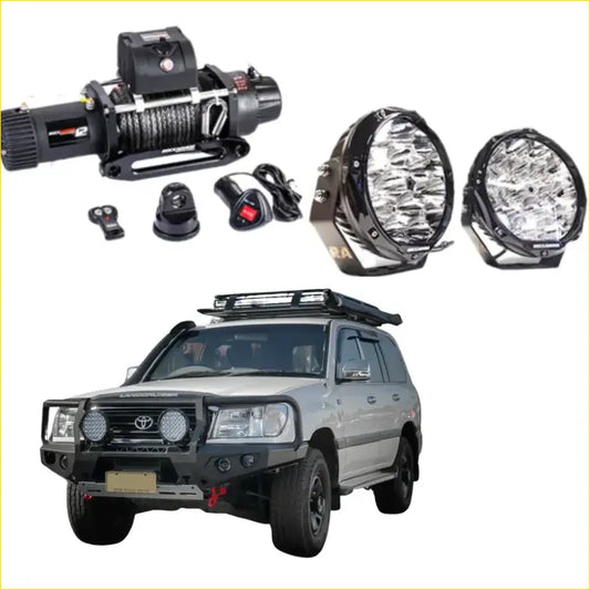 Black winch with coiled rope and control unit paired with two led light bars on rockarmor gt hoop steel bullbar combo for landcruiser 100 series