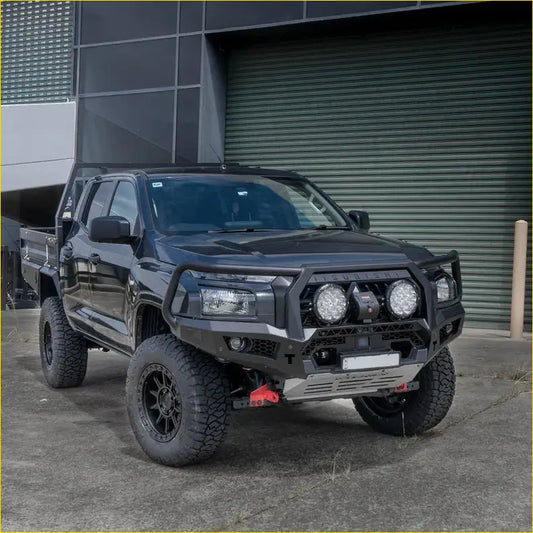 Black steel rockarmor gt hoop bullbar with three off-road lights on lifted isuzu mux 2020-2024 full bar replacement