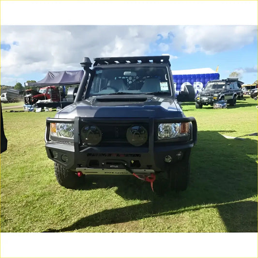 Black armored steel bullbar with rugged front bumper and roof rack for toyota landcruiser 78 troopy 03 2007 to 08 2022