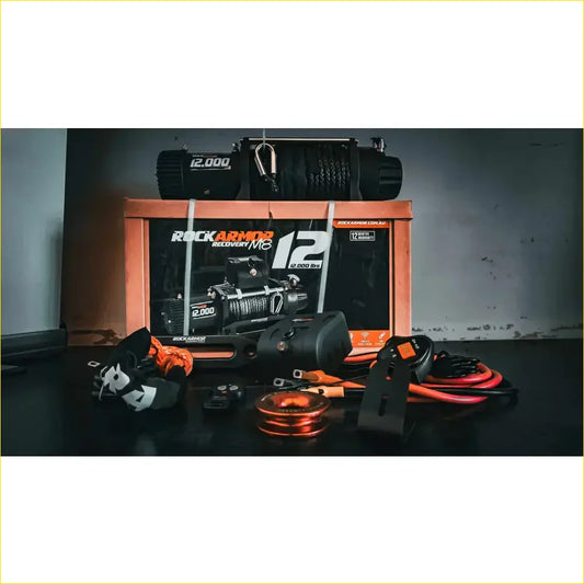 Black rockarmor 12,000 lbs electric 4x4 winch with synthetic rope orange accents for heavy-duty recovery use