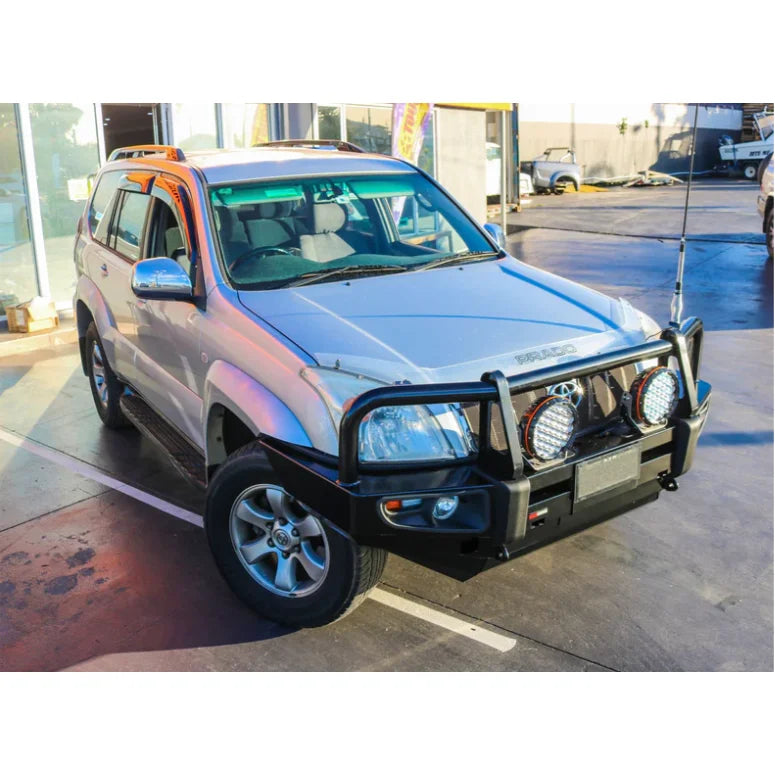 Silver SUV with Rockarmor premium steel bullbar and fog lights for Toyota Prado Fj120