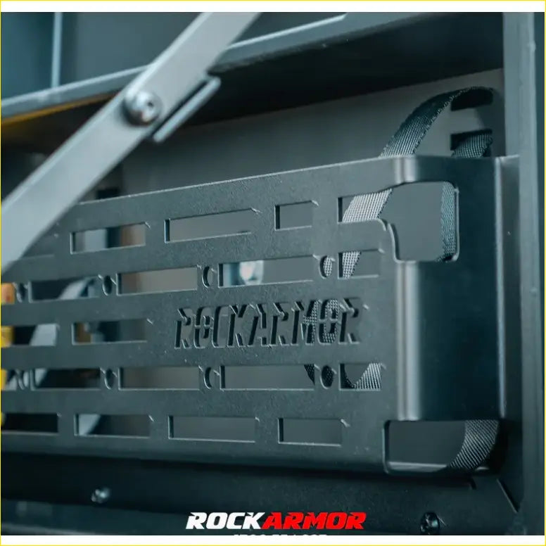 Black rockarmor rear door dropdown table and pantry with slatted design and straps for toyota prado 150