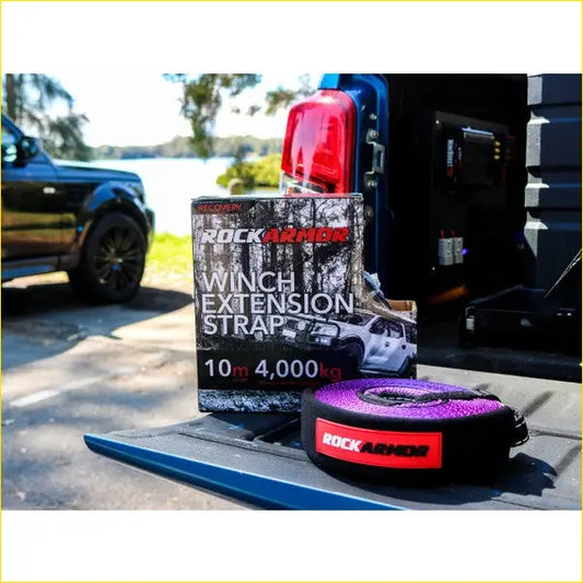 Rockarmor winch extension strap 10m 4000kg purple and black with red label for heavy-duty recovery tasks