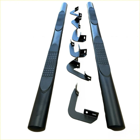 Black textured 4 inch oval tube side step bars with integrated brackets for stainless steel hilux running board