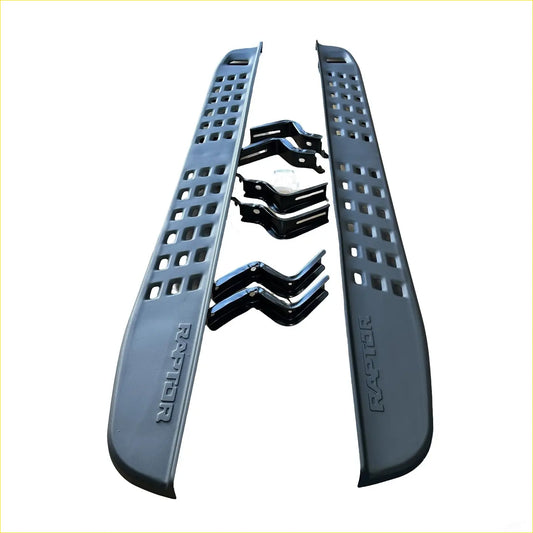Black raptor style heavy duty steel side step runners with textured grid surface and embossed branding for ranger px1 2 3
