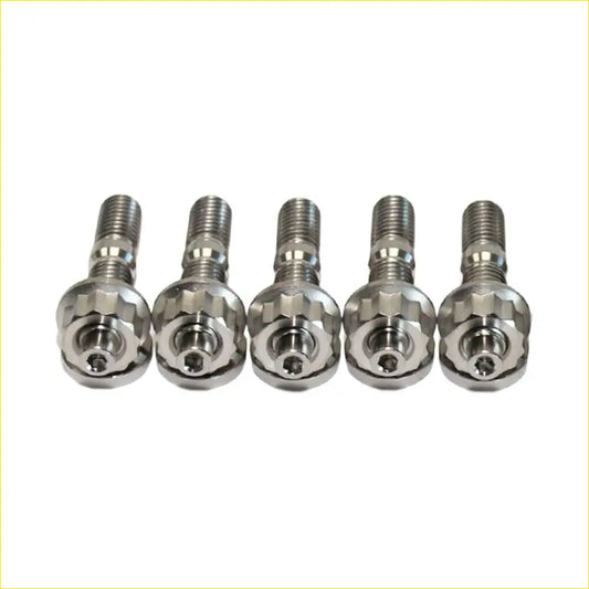 Five identical titanium turbo to dump pipe stud bolts with hex knurled heads and threaded shafts for ford territory sx sy barra 4.0l
