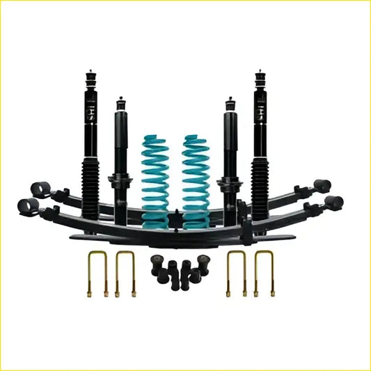 Black steel leaf spring assembly with teal coil springs and black shock absorbers for toyota hilux n80 dobinsons lift kit